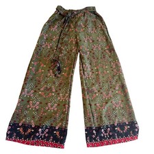 Women's Green Floral Boho Palazzo Pants Drawstring Wide Leg Border Print
