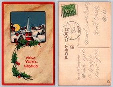 1914 New Year Wishes Postcard Winter Snow Village Holly Deer Creek WI Postmark