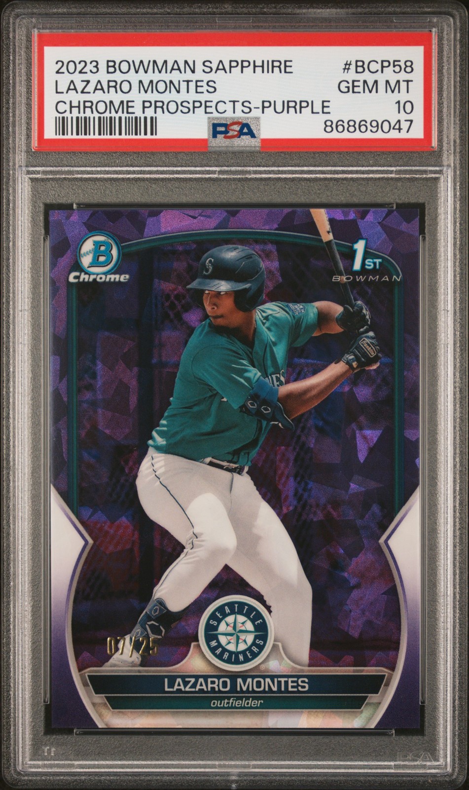 2023 BOWMAN SAPPHIRE ED CHROME PROSPECTS PURPLE #BCP58 LAZARO MONTES 7/25 PSA 10