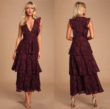 NWT Lulus Molinetto Burgundy Lace Ruffled Tiered Maxi Dress Women's Size Large