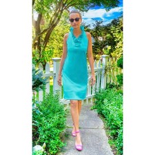 Gretchen Scott Ruffled Neck Sleeveless Jersey Dress Solid Turquoise Size Small