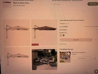 Kettler Wall Mounted Free Arm Parasol 2.5m Square Grey Frame Stone Canopy