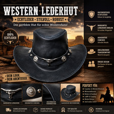 Western Lederhut Cowboyhut Schwarz mit Longhorn Conchos Outdoor Festival Hut