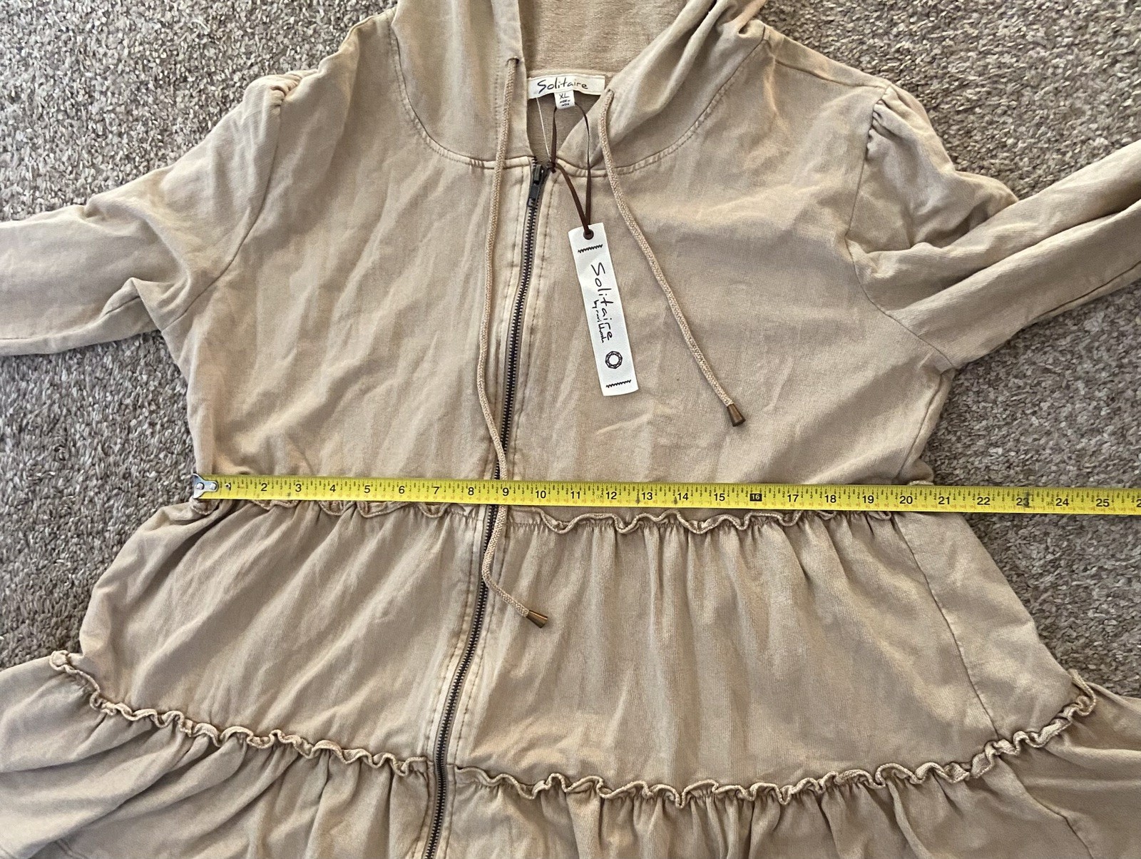 Solitaire Ravi Khosla Boho Ruffle Tiered Zip Hooded Jacket Tan Hand-made XL NWT