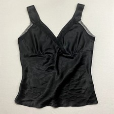 Vintage Apostrophe Black Satin Camisole Top Lace Trim V-Neck Cami Medium M