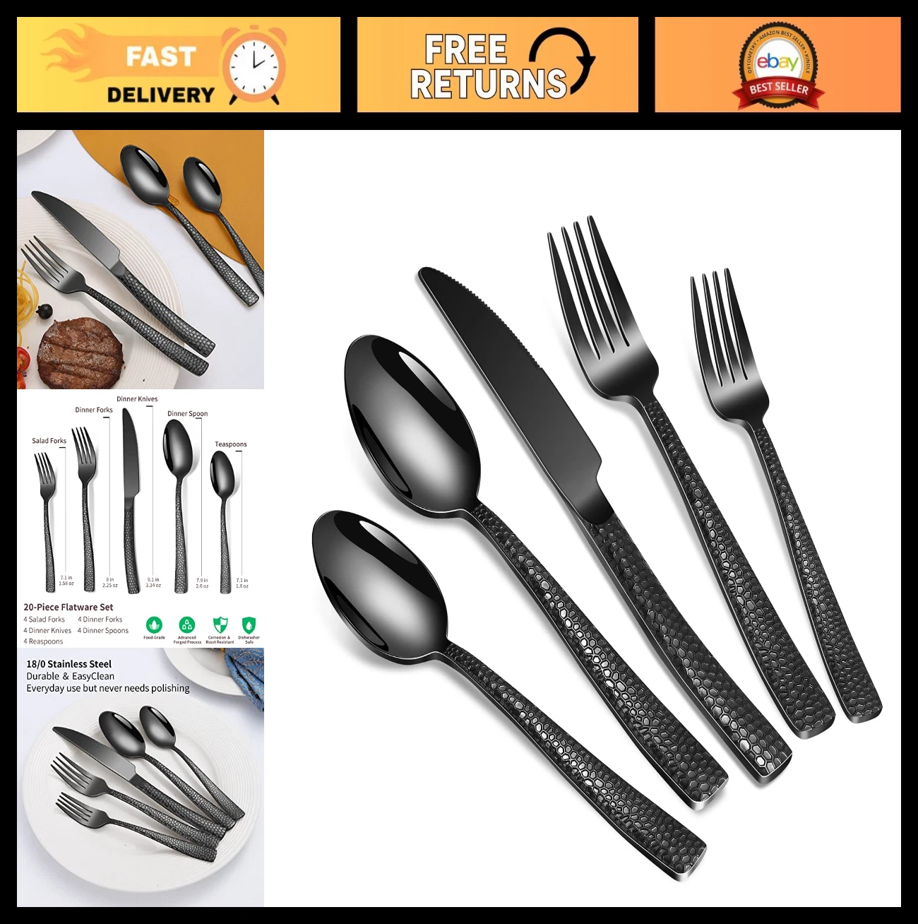 20-Piece Black Hammered Stainless Steel Flatware Set for 4 - Food-Grade Cutlery,
