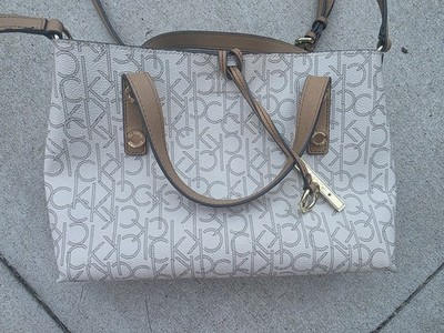 Calvin Klein CK Logo Satchel Top Handle Bag Detachable Strap Snap Medium Beige