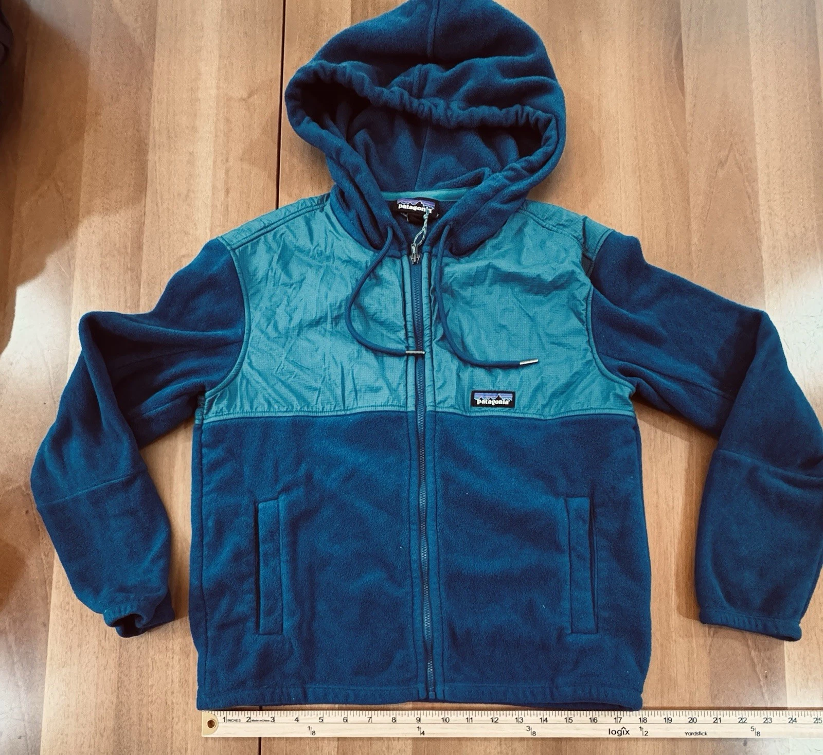 Patagonia Fleece Jacket Small Teal Blue Hoodie Hood Two Tone Zip Front Mid Light
