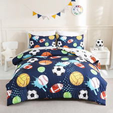 5Pcs Bed in a Bag Twin Navy Sports Comforter Set Baseball Football Soccer Basket