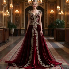 Elegant Burgundy Velvet Evening Dresses Gold Lace Appliques Party Gown Dress