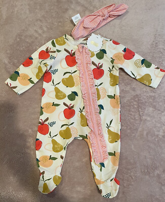 NWT Mud Pie Pears Apples Peaches Footed Sleeper Headband 0-3 Months
