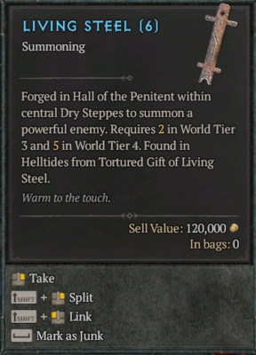 Diablo 4 IV  Season 5 S5 Grigoire,Galvanic Saint  Living Steel Materials