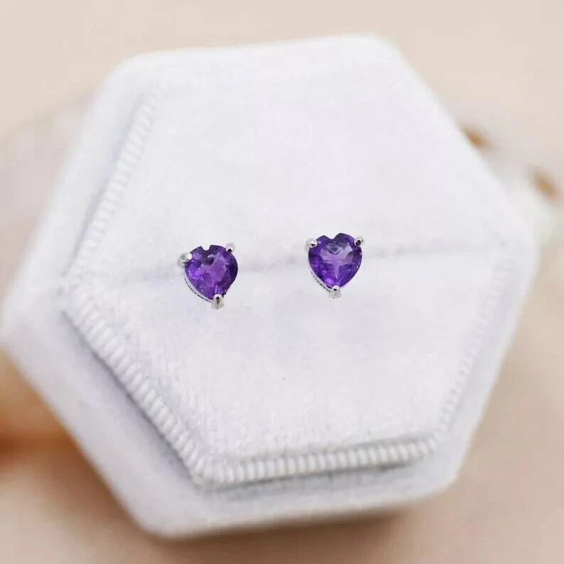 2CT Heart Lab Created Amethyst Diamond Women Stud Earrings 14K White Gold Plated - Image 3 of 4