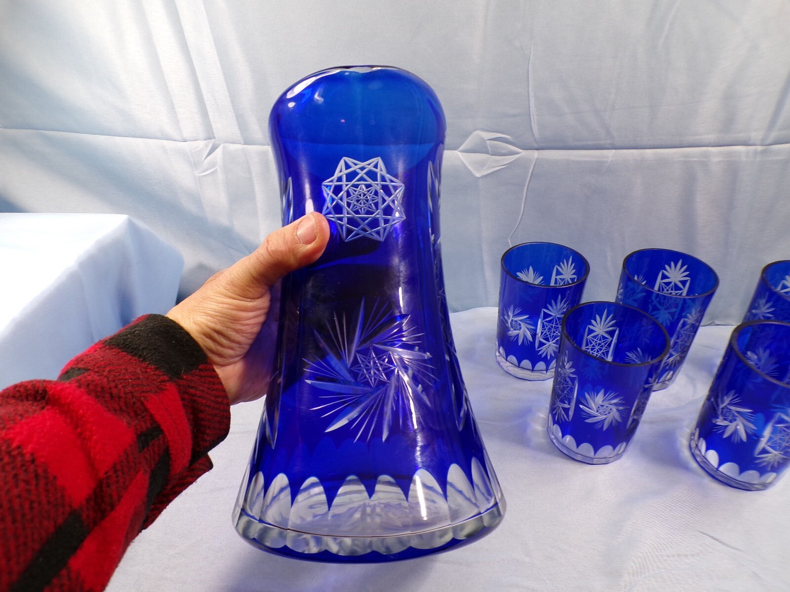 Cobalt Blue Cut to Clear Crystal Water Set - Pitcher & 5 Tumblers