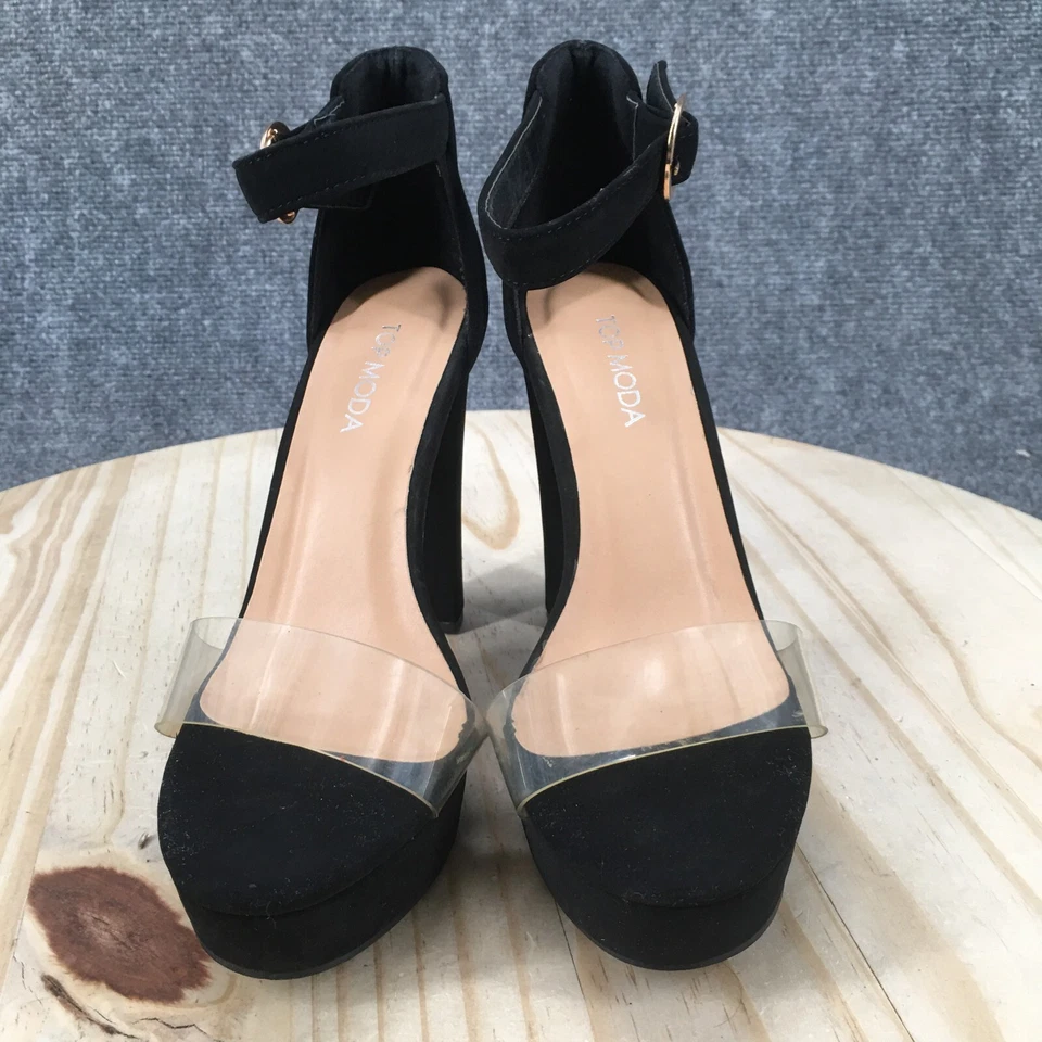 Sandalias Top Moda para mujer 7 correas en el tobillo zapatos de salón negros imitación cuero tacón hebilla Foto 3 de 4