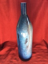 VINTAGE MODERN BLUE WITH BLACK SWIRLS STUDIO ART GLASS VASE IN BOTTLE SHAPE FORM