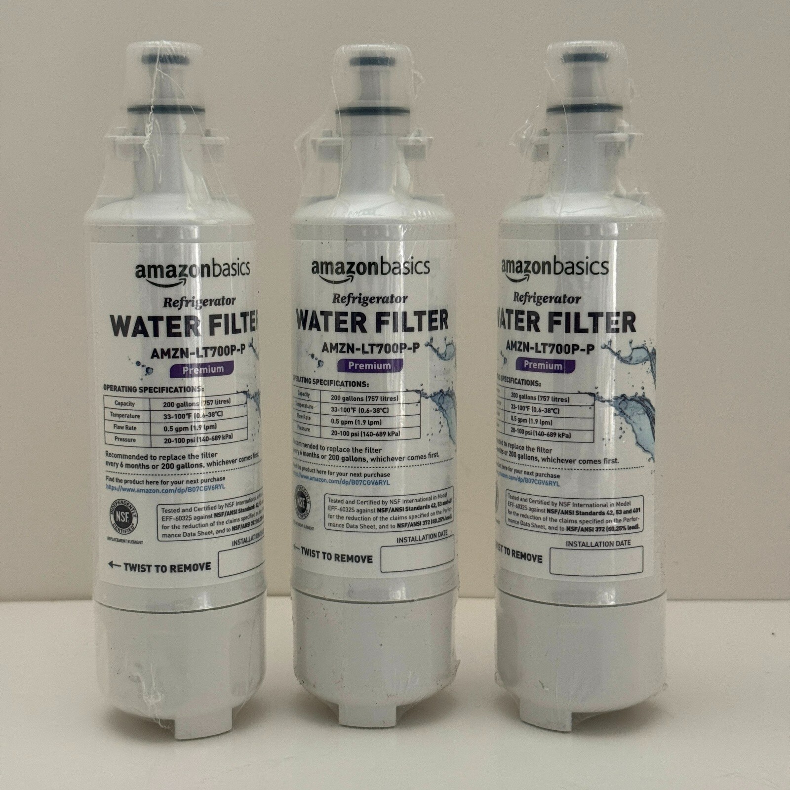 3-Pack LG LT700P Refrigerator Water Filter Cartridges by Amazon Basics