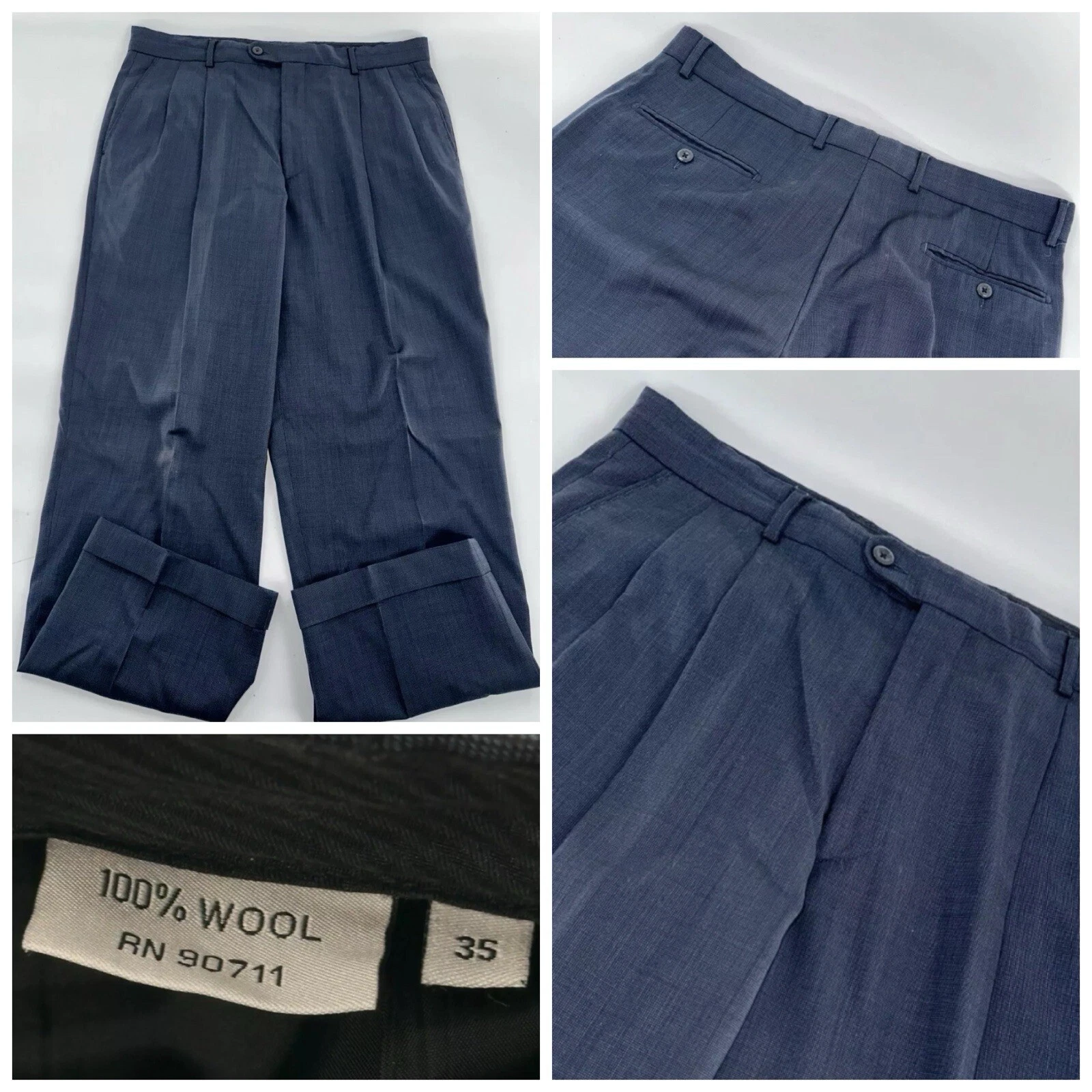 Bespoke Dress Pants Pleated Men 35x30 Navy Check 100% Wool Cuffs YGI J4-145