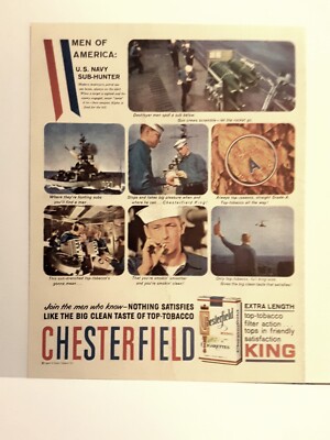 Vintage U.S. Navy Sub-Hunter Ship Sailor - Chesterfield Cigarettes - 1959  Art AD