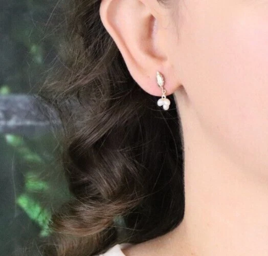 14k Yellow Gold Natural Pearl & Leaf Earrings Dangle Drop - Image 2 of 4