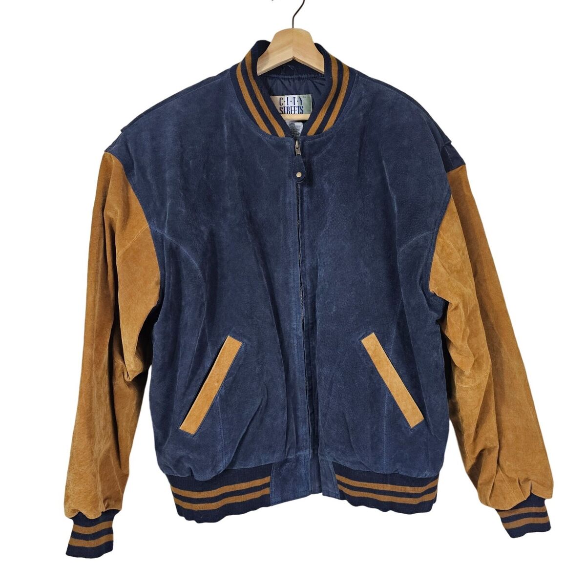 VTG 90s City Streets Suede Bomber Varsity Jacket Sz L Two VTG 90s City Streets Suede Bomber Varsity Jacket Sz L Two
