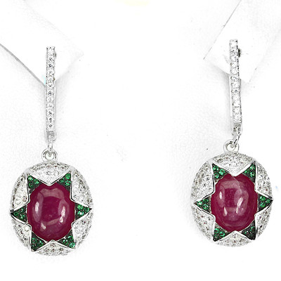 ORIGINAL 10x8mm ROT PINK RUBIN & GRÜN, W. CZ STERLING 925 SILBER OHRHÄNGER