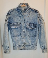 Vintage Moto Jacket Womens Small Blue Denim Jean Acid Wash 80s Oversized Rare