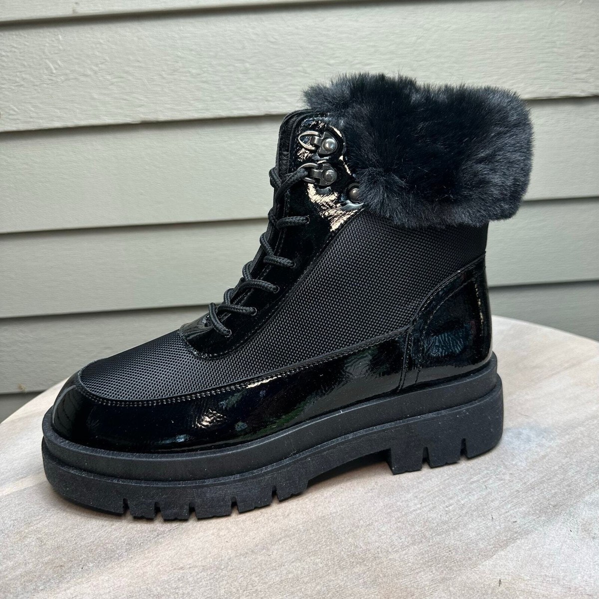 Black Faux Fur Ankle Combat Boots Olivia Miller Omra Womens Boots