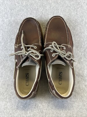 Chaps Men s Brown Leather 3-Lace Up Slip On Boat Loafer Shoes (9.5W)