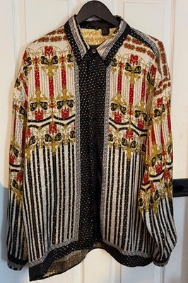 Vtg Seta Per Uomo Metallic Silk Baroque Shirt Men XL Red Gold Striped Lux