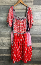 Anthropologie Maeve Midi Dress  Size Large XL Red Paisley Patchwork Boho Cotton