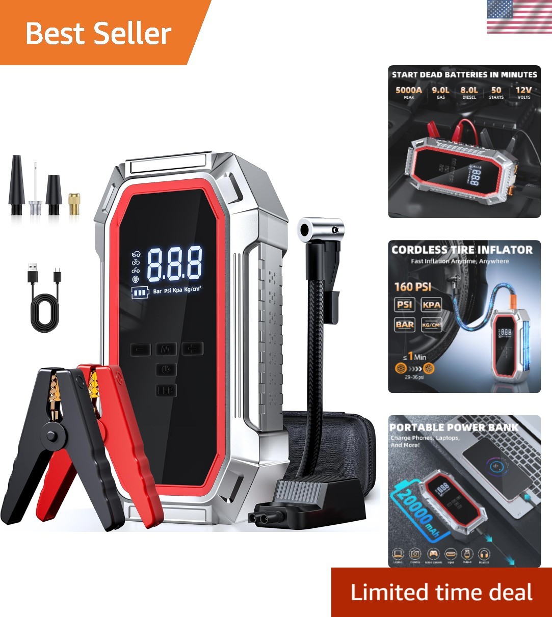 Compact 5000A Peak Car Jump Starter with 160 PSI Compressor - Emergency Ready