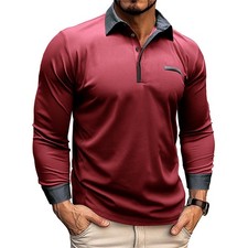 Men's Casual Polo Shirts Classic Button Basic Long Sleeve Shirt Solid Color Tops