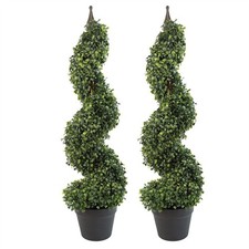 Image of Pair of 90cm (3ft) Tall Artificial Boxwood Tower Trees Topiary Spiral Metal Top