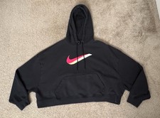 Nike Womens Cropped Black Hoodie Sweatshirt DJ1074-010 Red Swoosh Size Medium