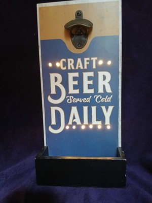 Rustic Wooden Wall Mounted Lighted Beer Bottle Opener With Catchment Bin