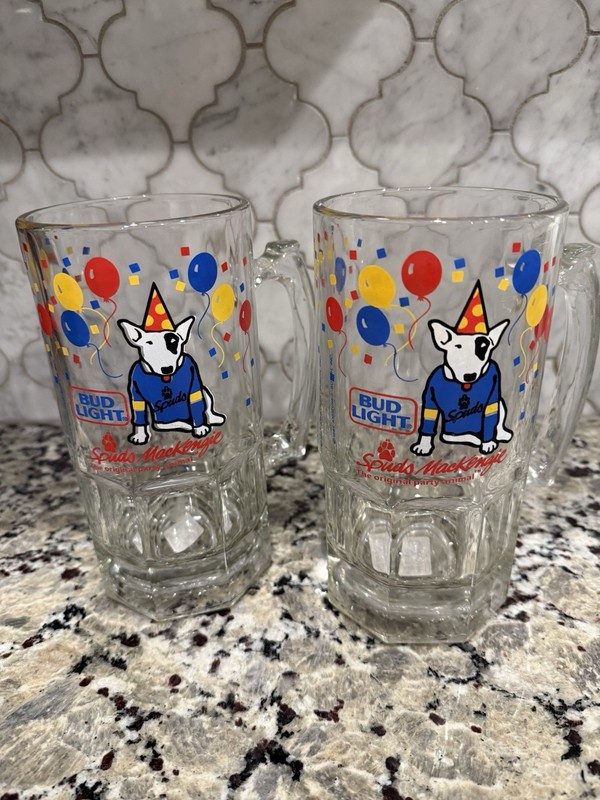 Anheuser-Busch Bud Light Spuds McKenzie Party Animal Beer Glass Mugs 1987 (2)