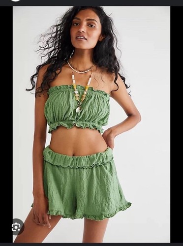 FREE PEOPLE Set XL FP BEACH Twyla Ruffled Bandeau Tube Top Shorts Cropped Green - Picture 13 of 13