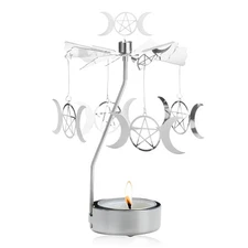 Spinning Tea Light Candle Holder, Silver Triple Moon Carousel Tealight Displa...