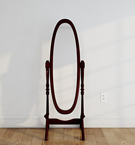 Oval Oblong Cheval Tilting Full Length Floor Mirror On Stand, Cherry Wood Frame