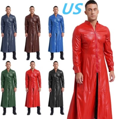 Men PU Leather Jackets Overcoat Gothic Steampunk Stand Collar Trench Coats