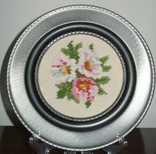 GERMANY Finished Handmade Needlepoint Picture Flowers Round Tinned Plate Frame