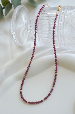 AAA Dainty Pink Ruby Faceted Round Gemstone Gold Feld Beads Necklaces 24'' Women
