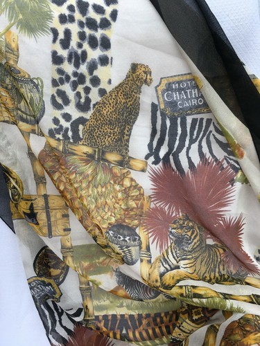 Large Silk Scarf Wrap Vintage Eximious Of London Leopard Tiger Animal Black Gold - Picture 8 of 10