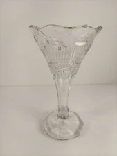 Vtg Pressed Glass 7" Bud Vase Manhattan Thumbprint Scalloped Edge Faint Gold Rim