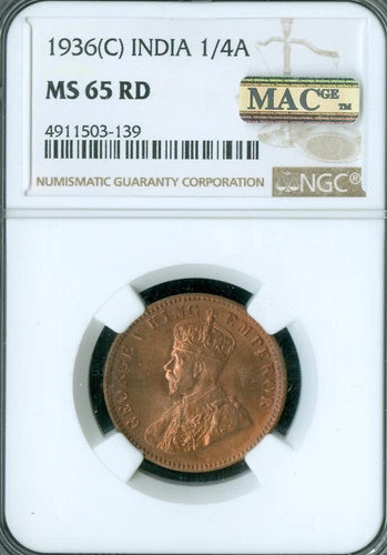 1936 (C) CALCUTTA INDIA 1/4 ANNA NGC MS 65 RD MAC SPOTLESS *