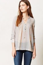 Anthropologie Size Medium Dolan Odessa Top Peasant Sheer Flowy Beige Blue Blouse