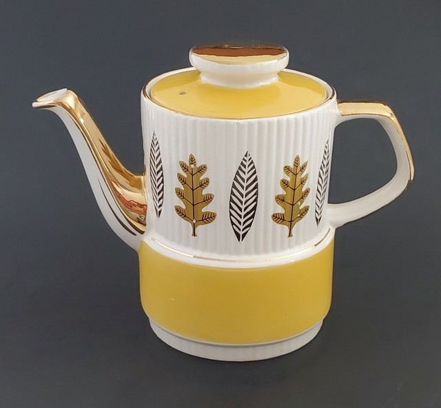 Gibsons Staffordshire England Teapot Oak Leaves Yellow Gold Trim 7" eBay