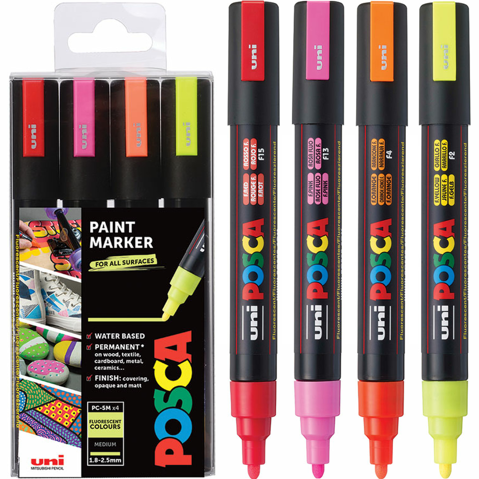 Uni POSCA Paint Marker Art Pens PC-5M Medium Set of 4 Fluorescent Colours