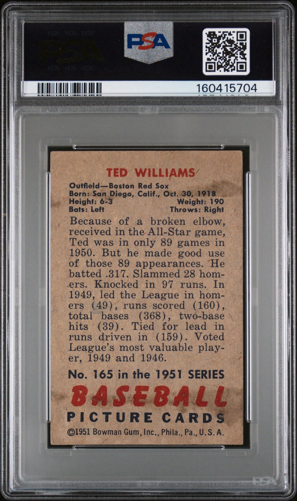 Ted Williams 1951 Bowman Baseball Card #165. PSA 3. Very Good. *Centered* view 2